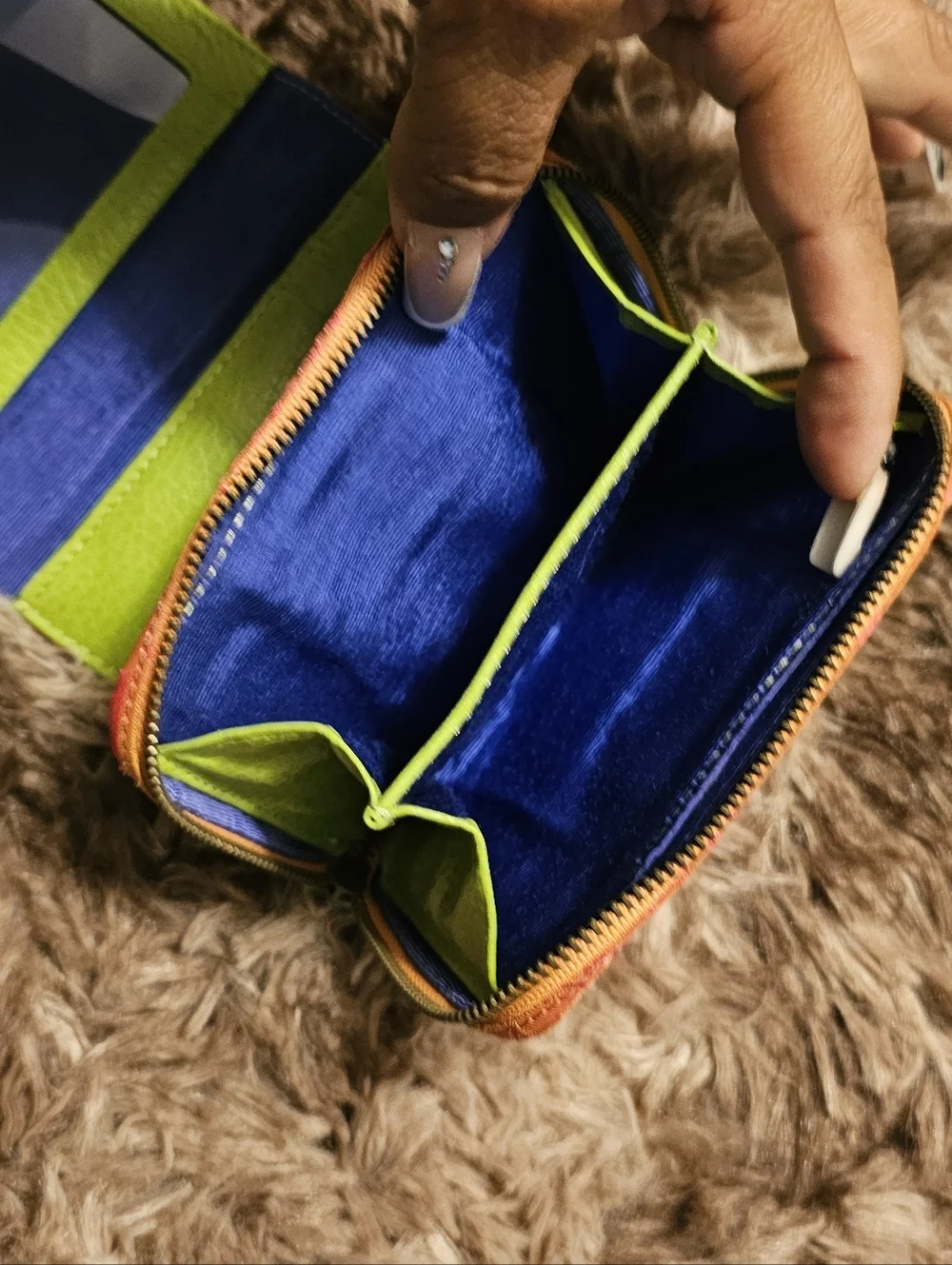Shanghai Tang Bright Lime & Navy Trifold Wallet with Orange Printed Coin Pouch
